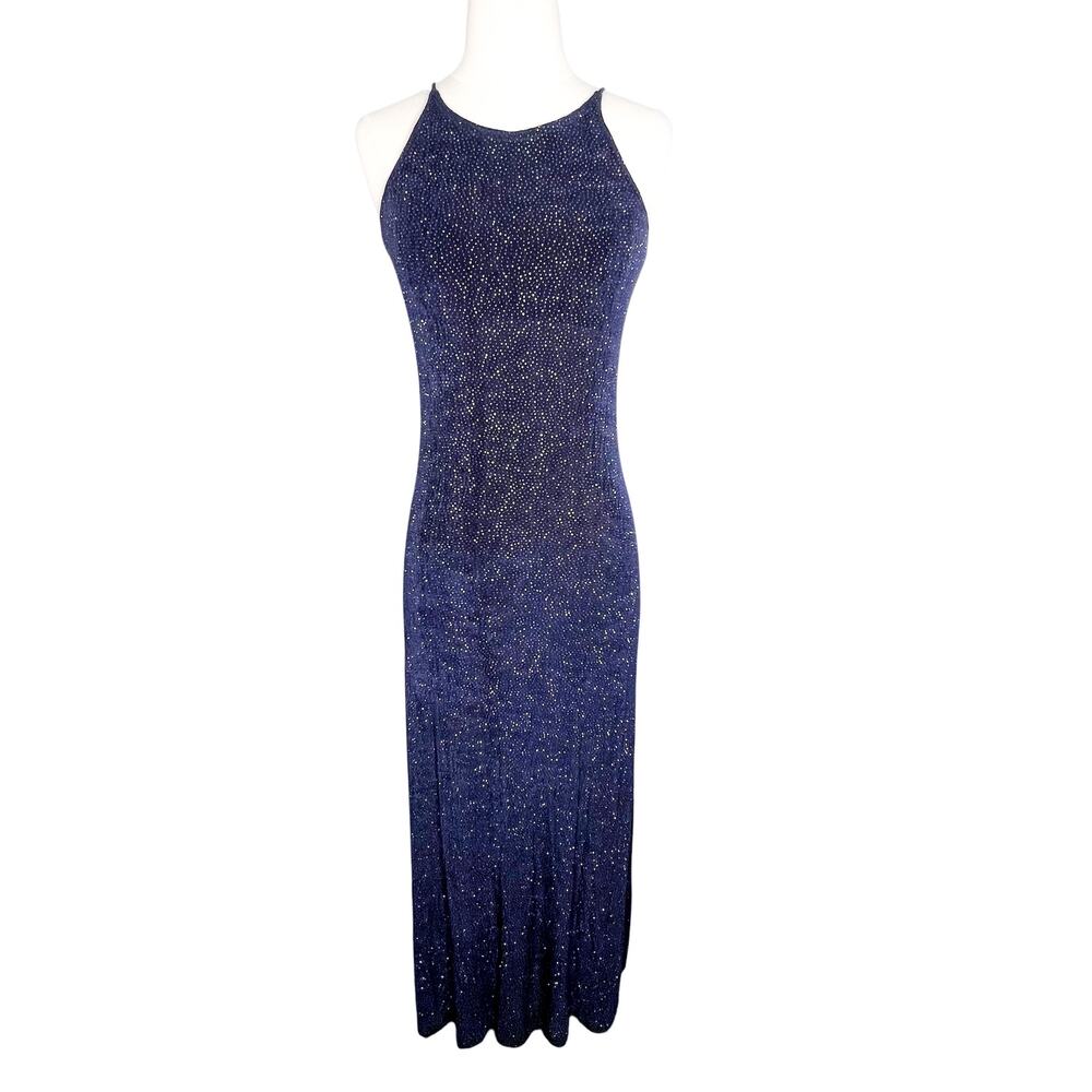 Cache Vintage Y2K Navy Glitter Gown Maxi Dress Small